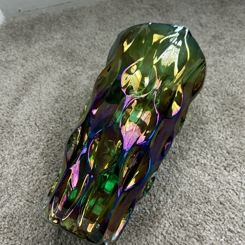 Large Green Optic Iridescent Glass Vase - Picture 6 of 7